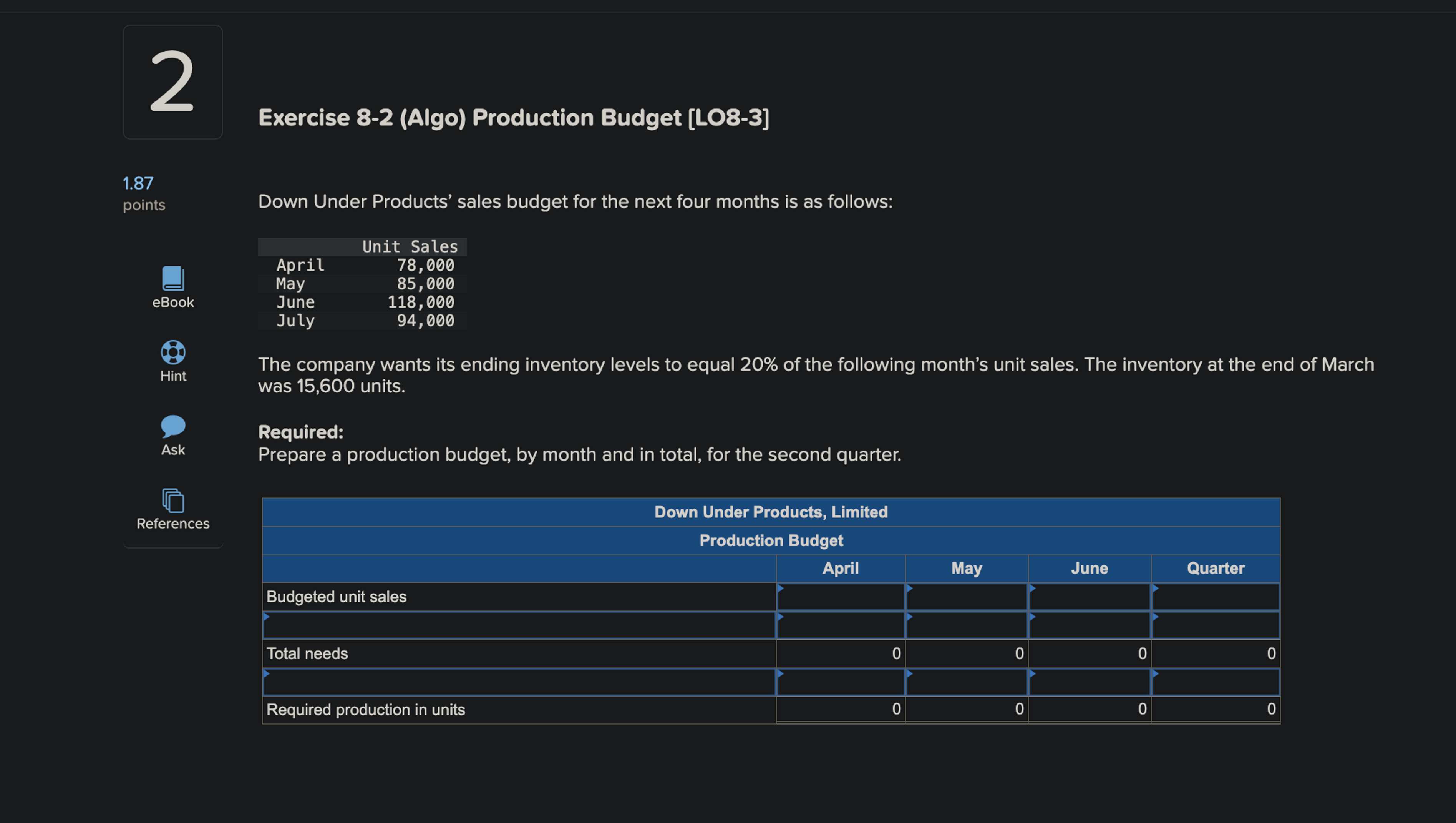 2 Exercise 8 - 2 ( Algo ) Production Budget [ LO