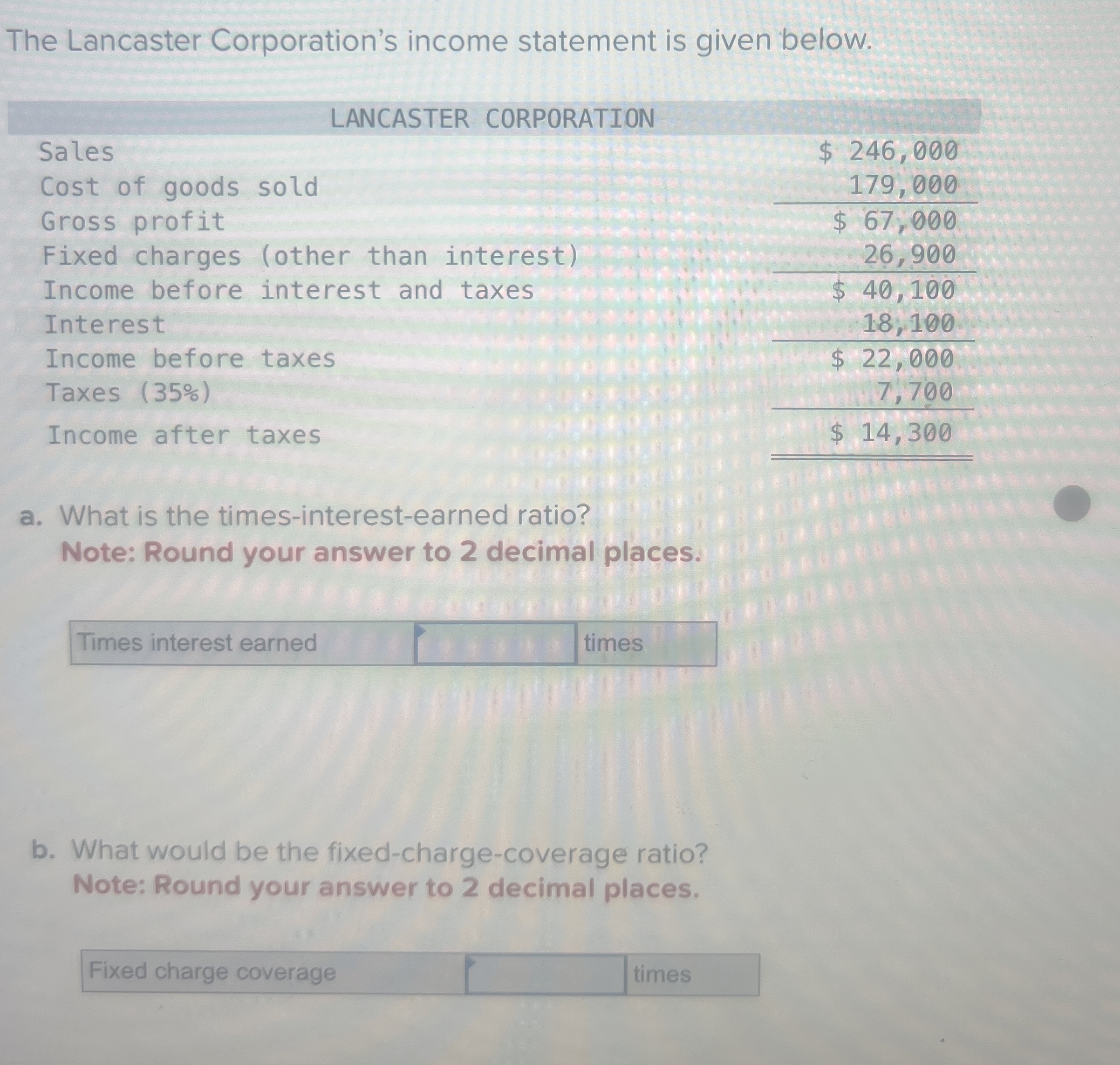 The Lancaster Corporation's income statement is
