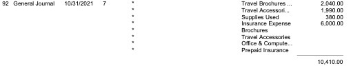 92 General Journal 10/31/2021 7 Travel Brochures