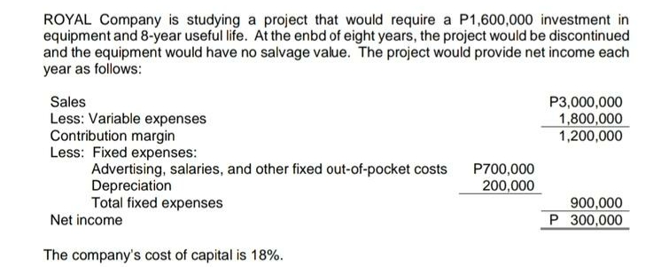 ROYAL Company is studying a project that would