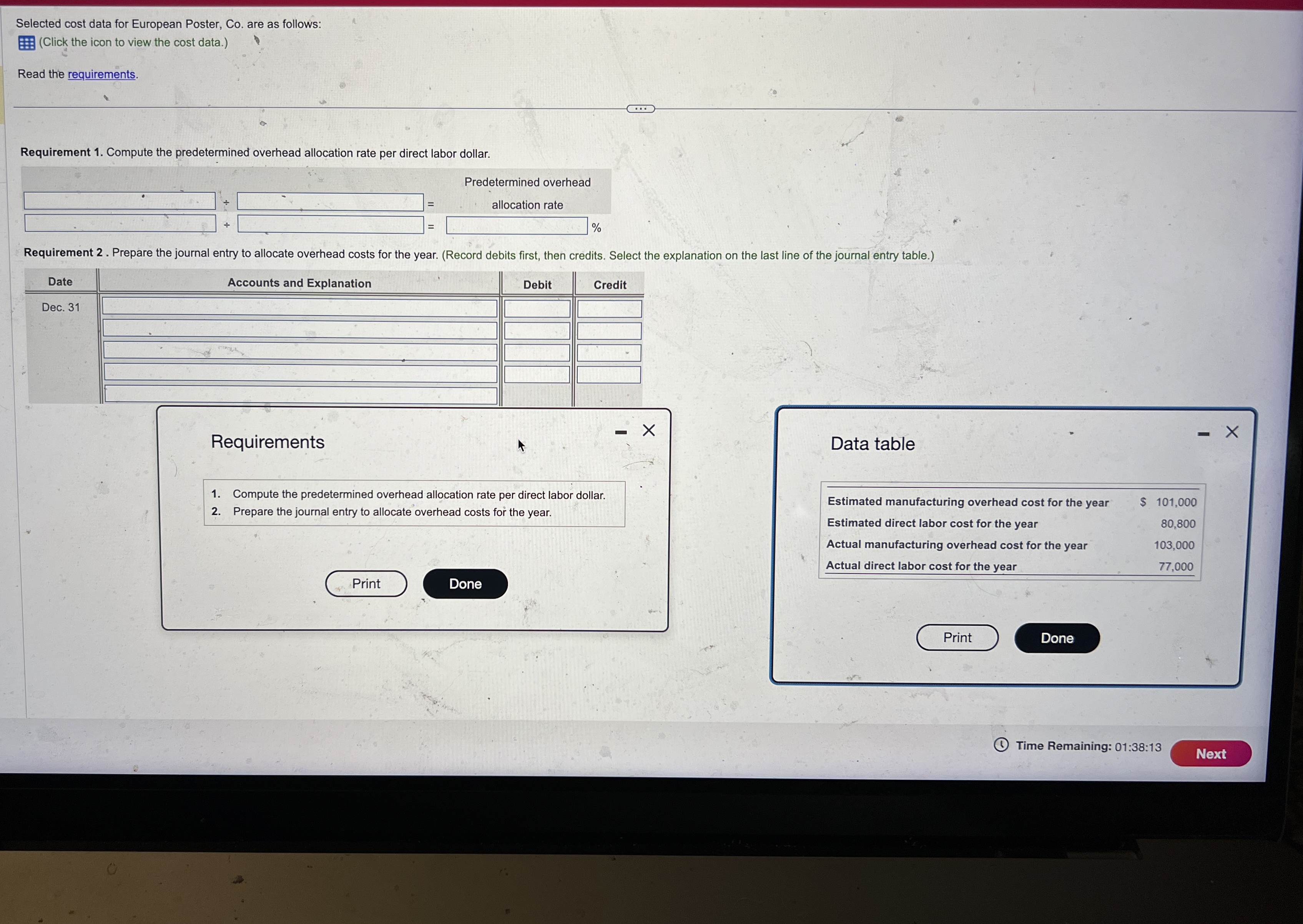 Selected cost data for European Poster, Co . are