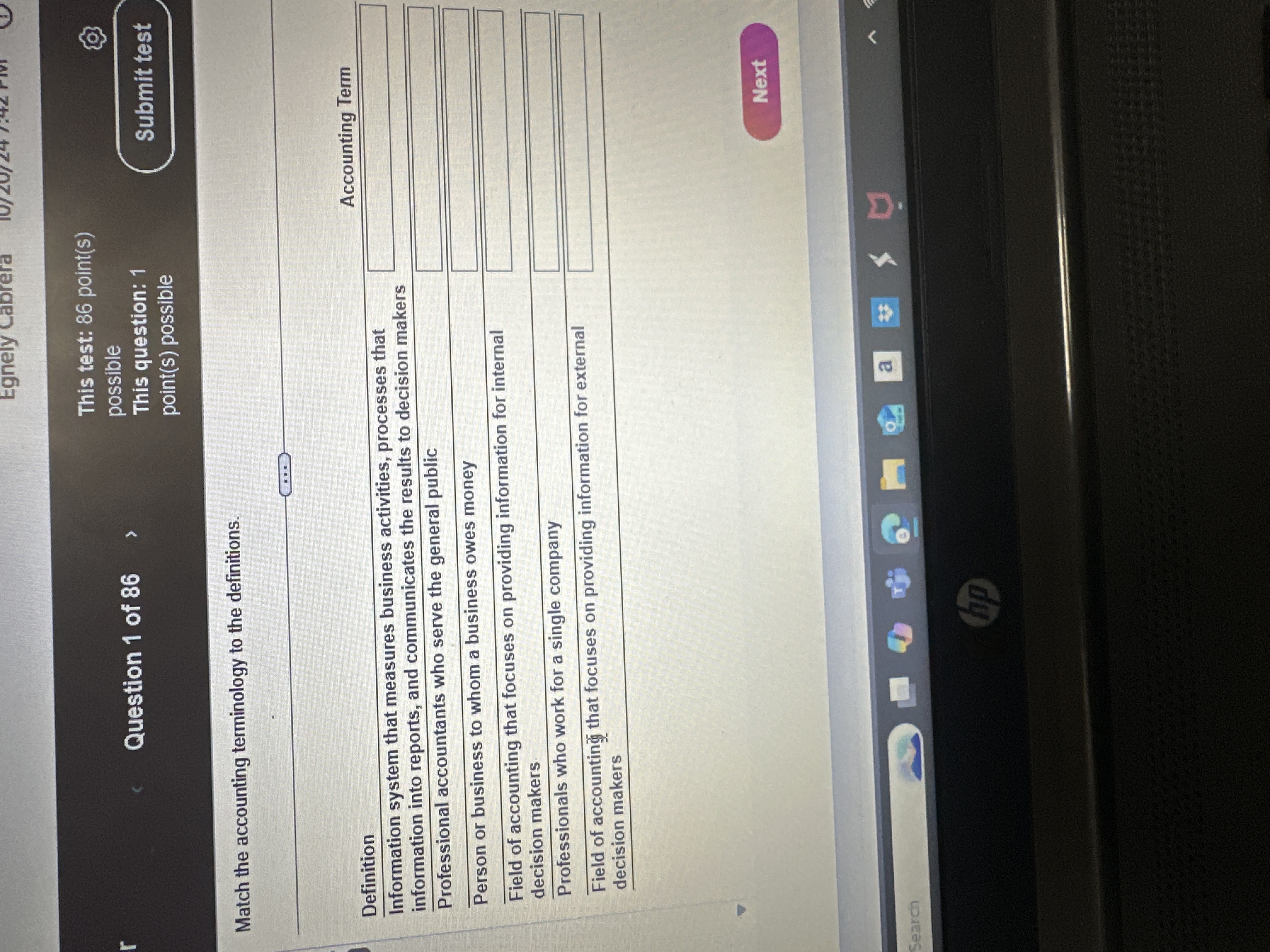 Match the accounting terminology to the