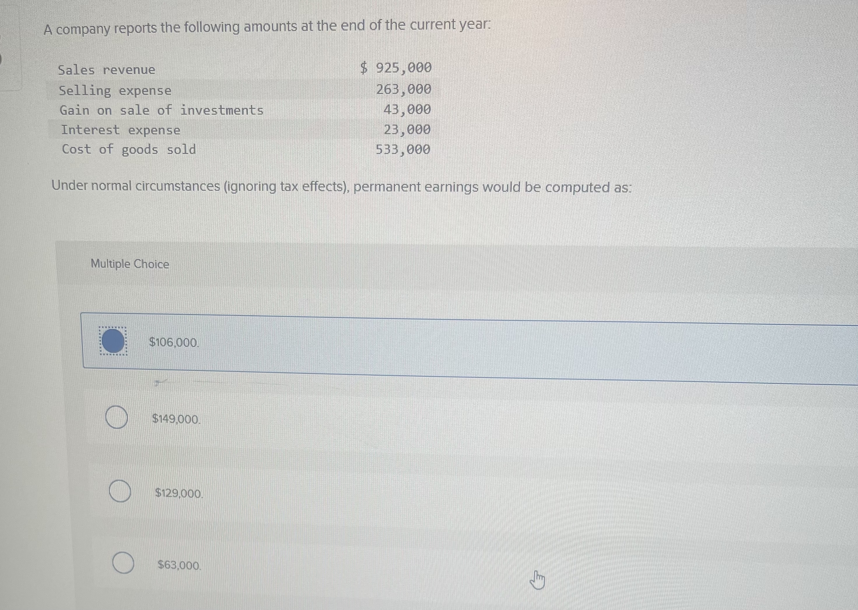 A company reports the following amounts at the