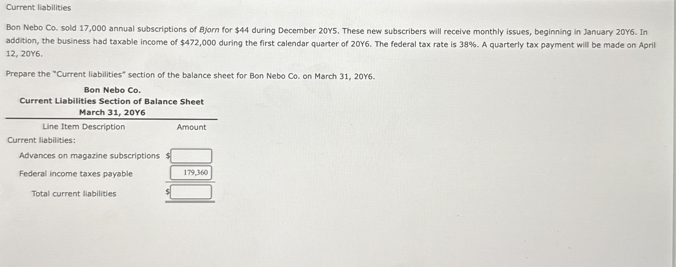 Current liabilities Bon Nebo Co . sold 1 7 , 0 0