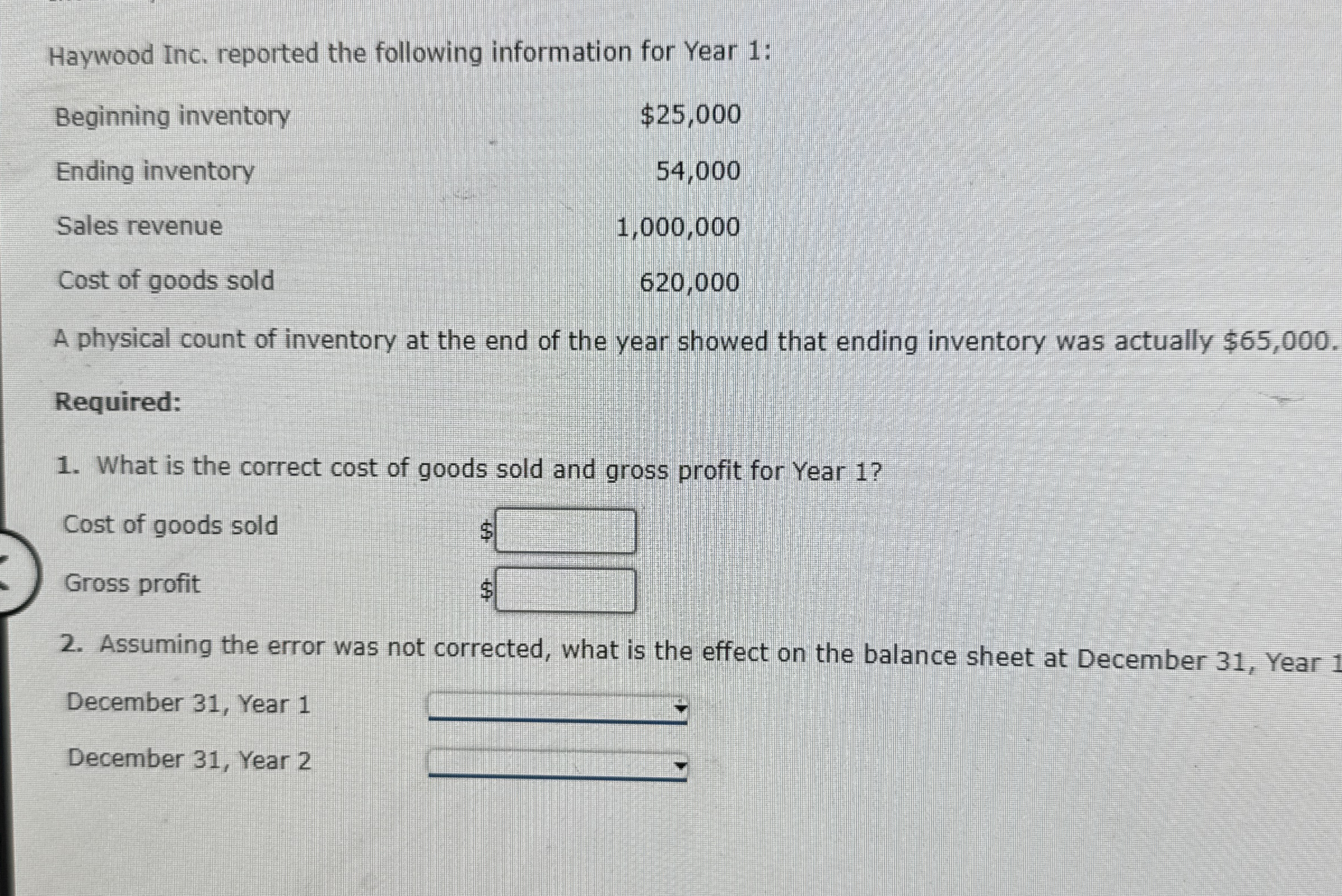 Haywood Inc. reported the following information
