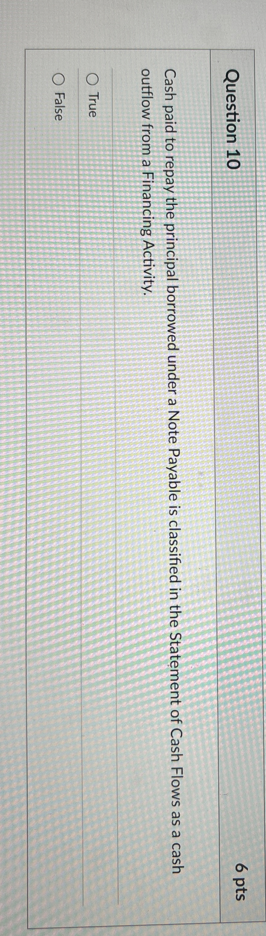 Question 1 0 6 pts Cash paid to repay the