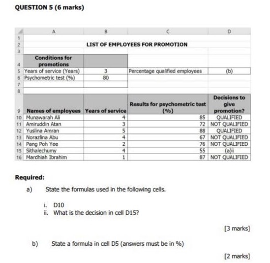 QUESTION 5 (6 marks) C D LIST OF EMPLOYEES FOR