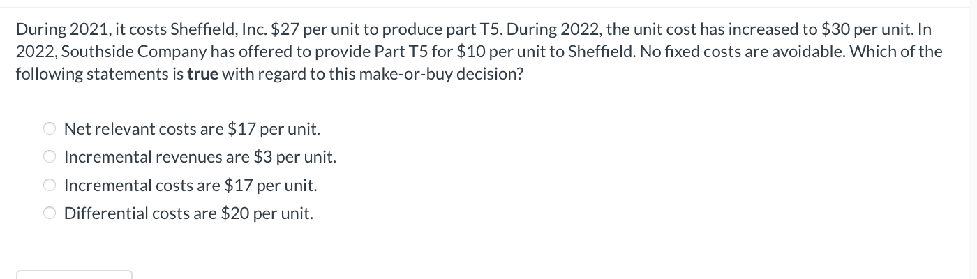 During 2 0 2 1 , it costs Sheffield, Inc. \ ( \ $