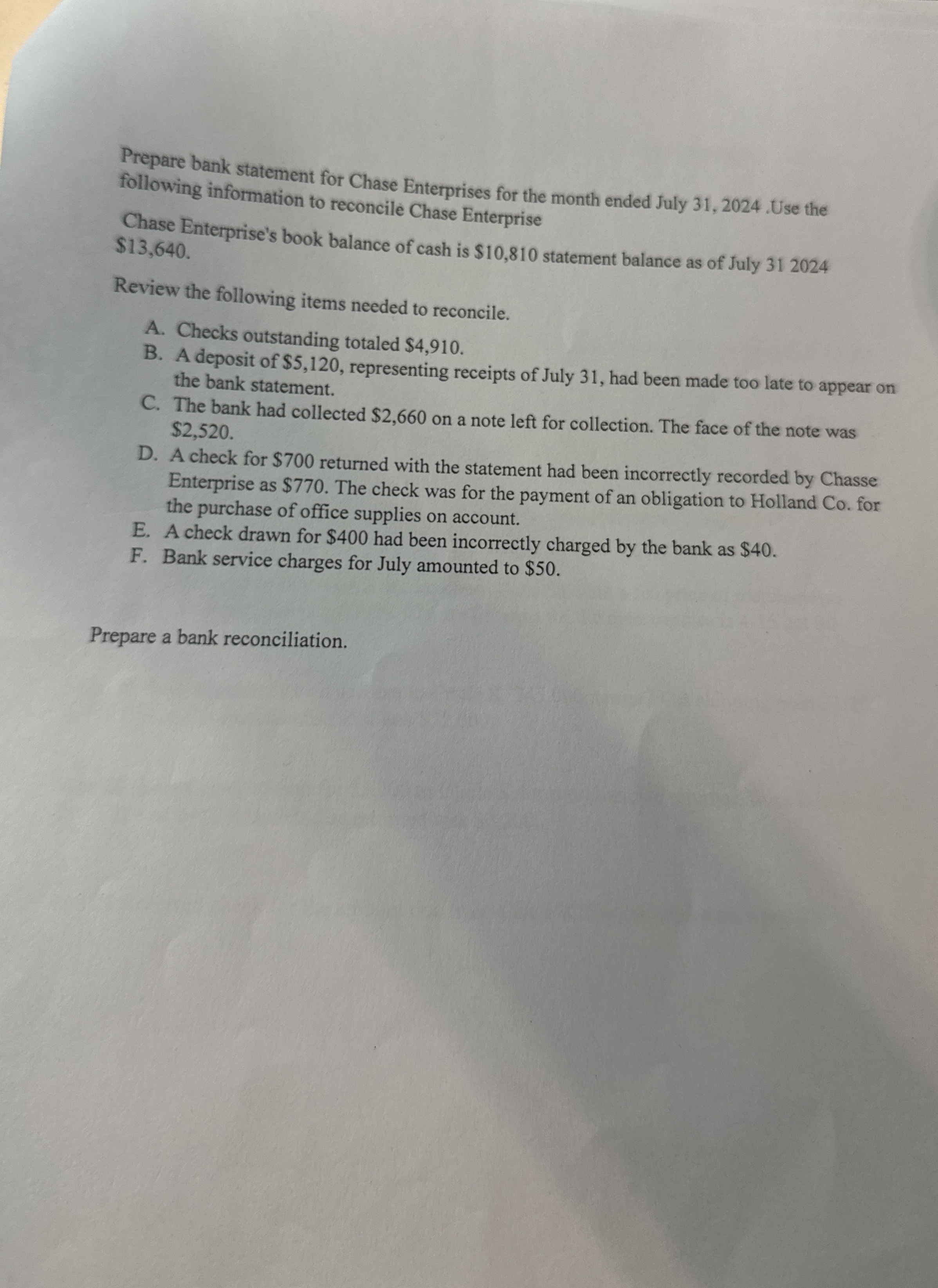 Prepare bank statement for Chase Enterprises for