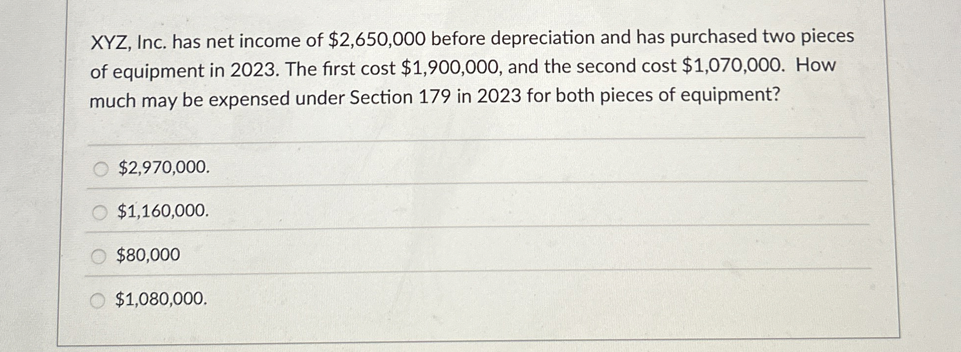 XYZ , Inc. has net income of $ 2 , 6 5 0 , 0 0 0