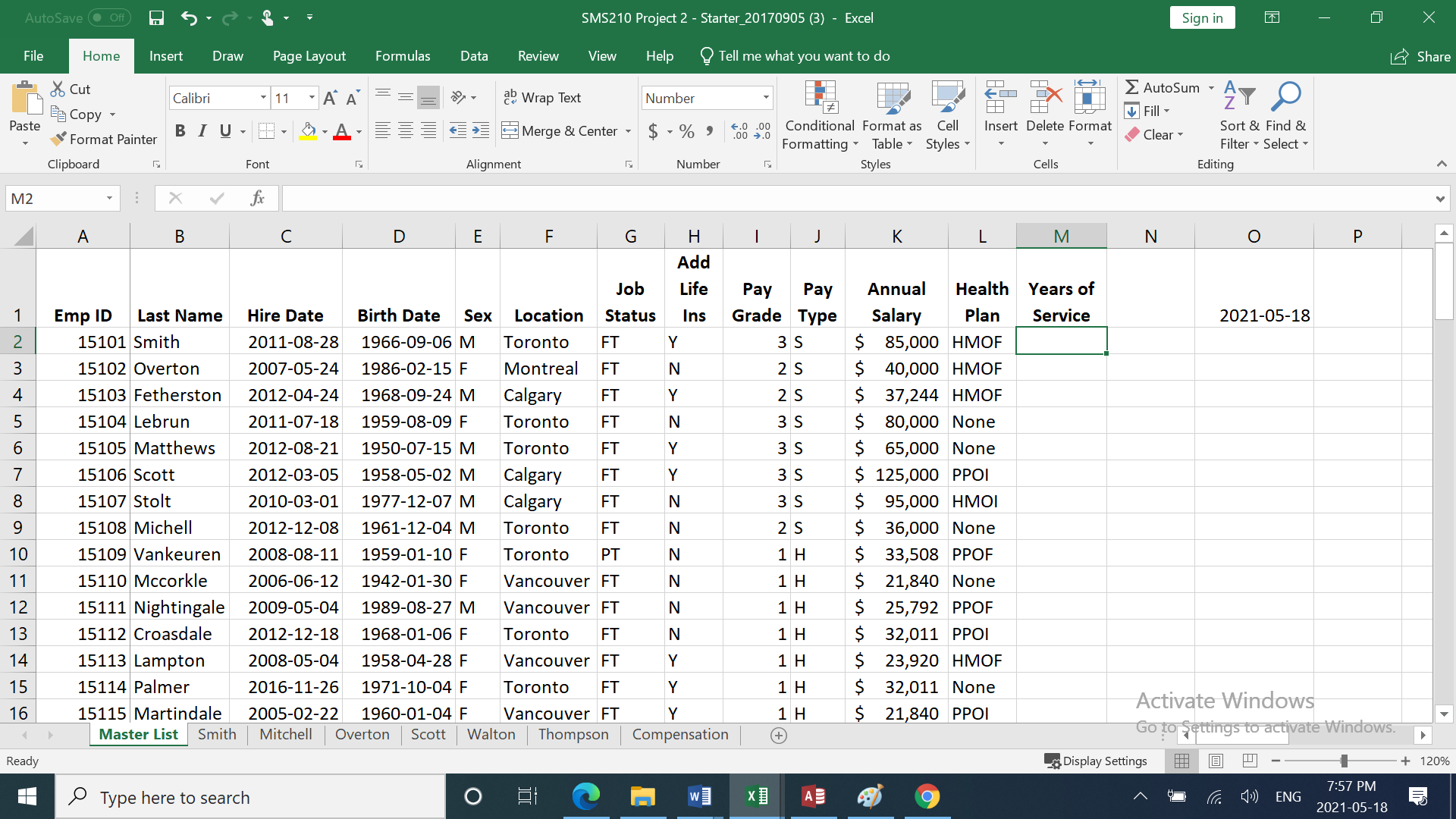In cell M2 enter a formula to calculate the Years