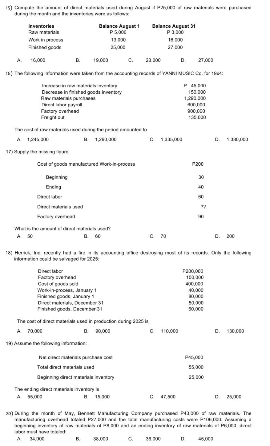 cost Accounting 1 15) Compute the amount of