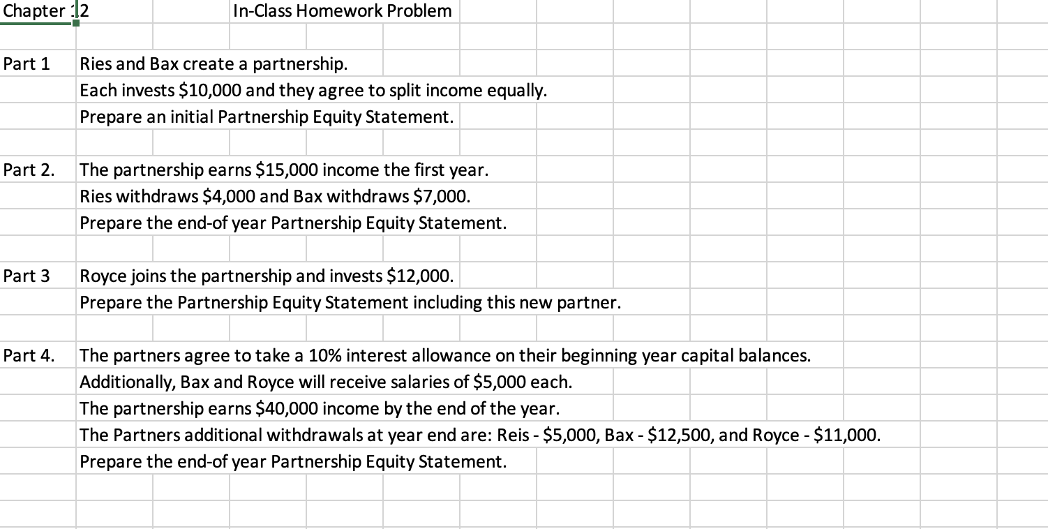 Chapter :12 In-Class Homework Problem Part 1 Ries