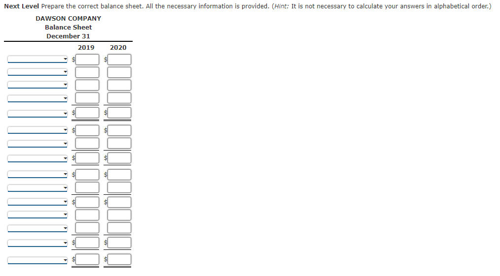 Balance Sheet Calculations Dawson Company's