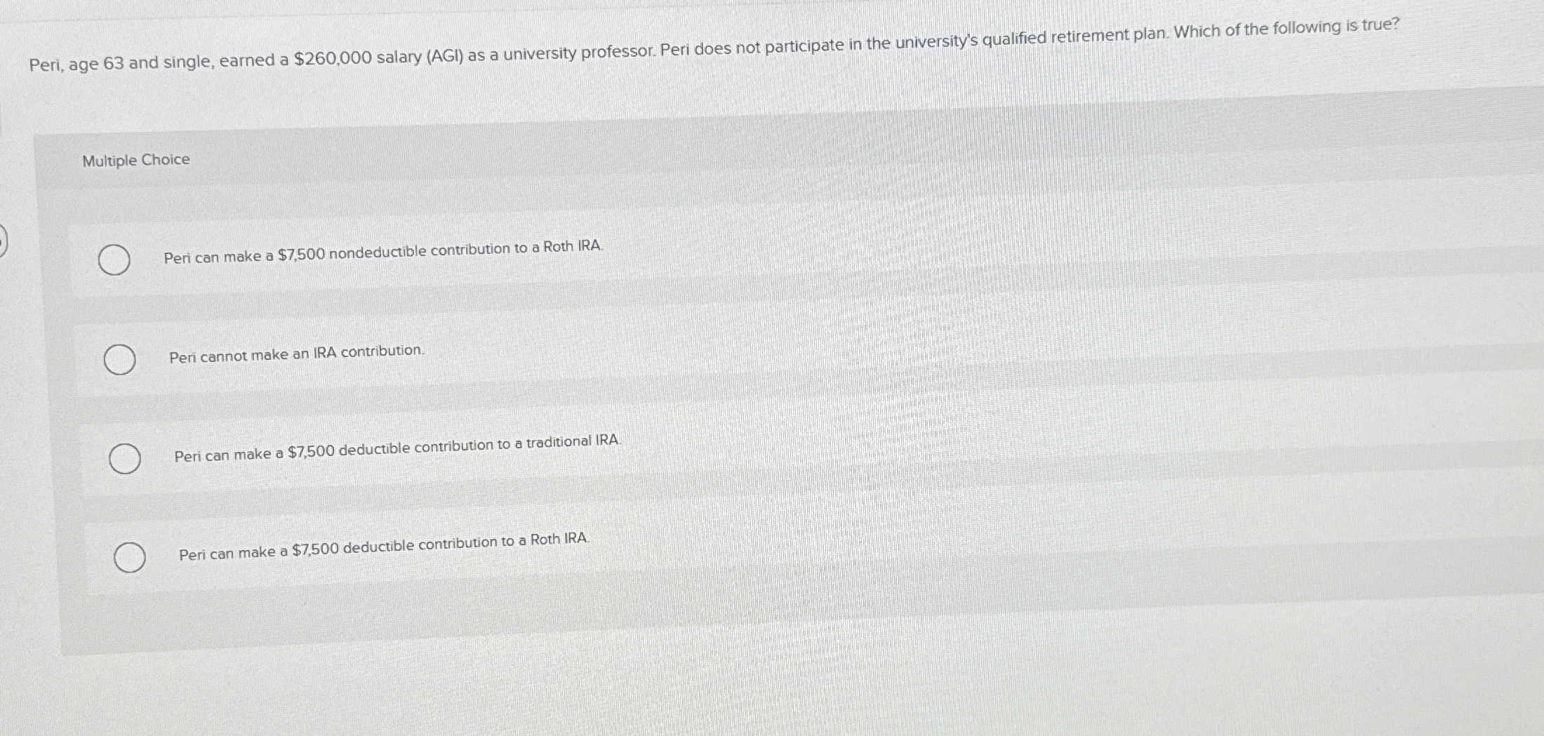 Peri, age 6 3 and single, earned a $ 2 6 0 , 0 0