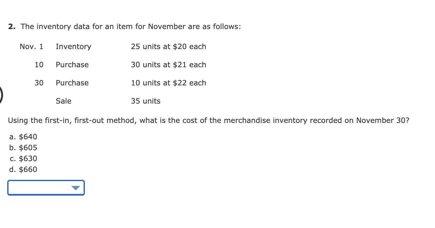 2. The inventory data for an item for November