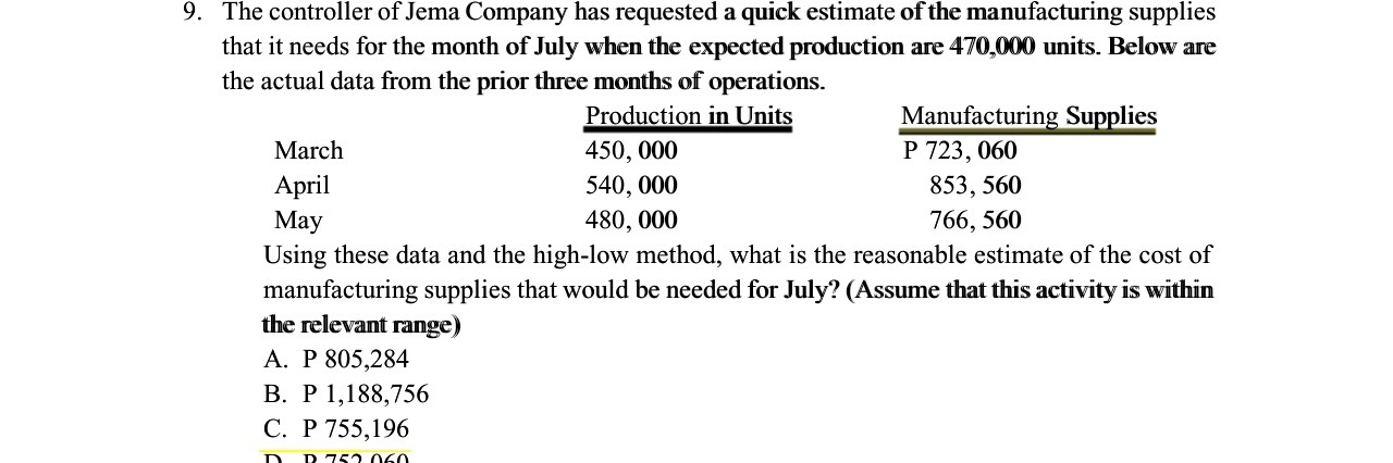 9. The controller of Jema Company has requested a