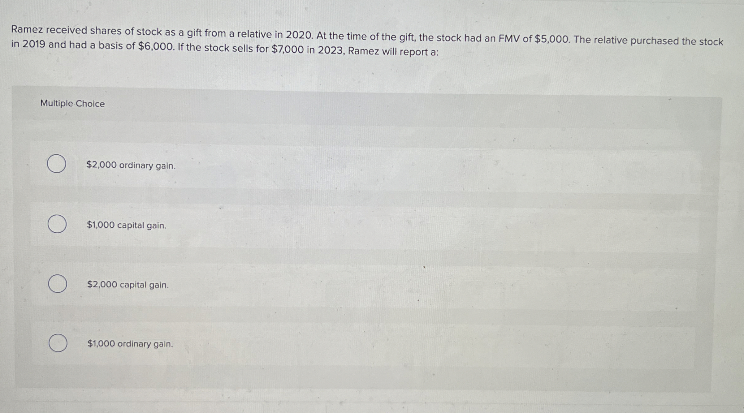 Ramez received shares of stock as a gift from a