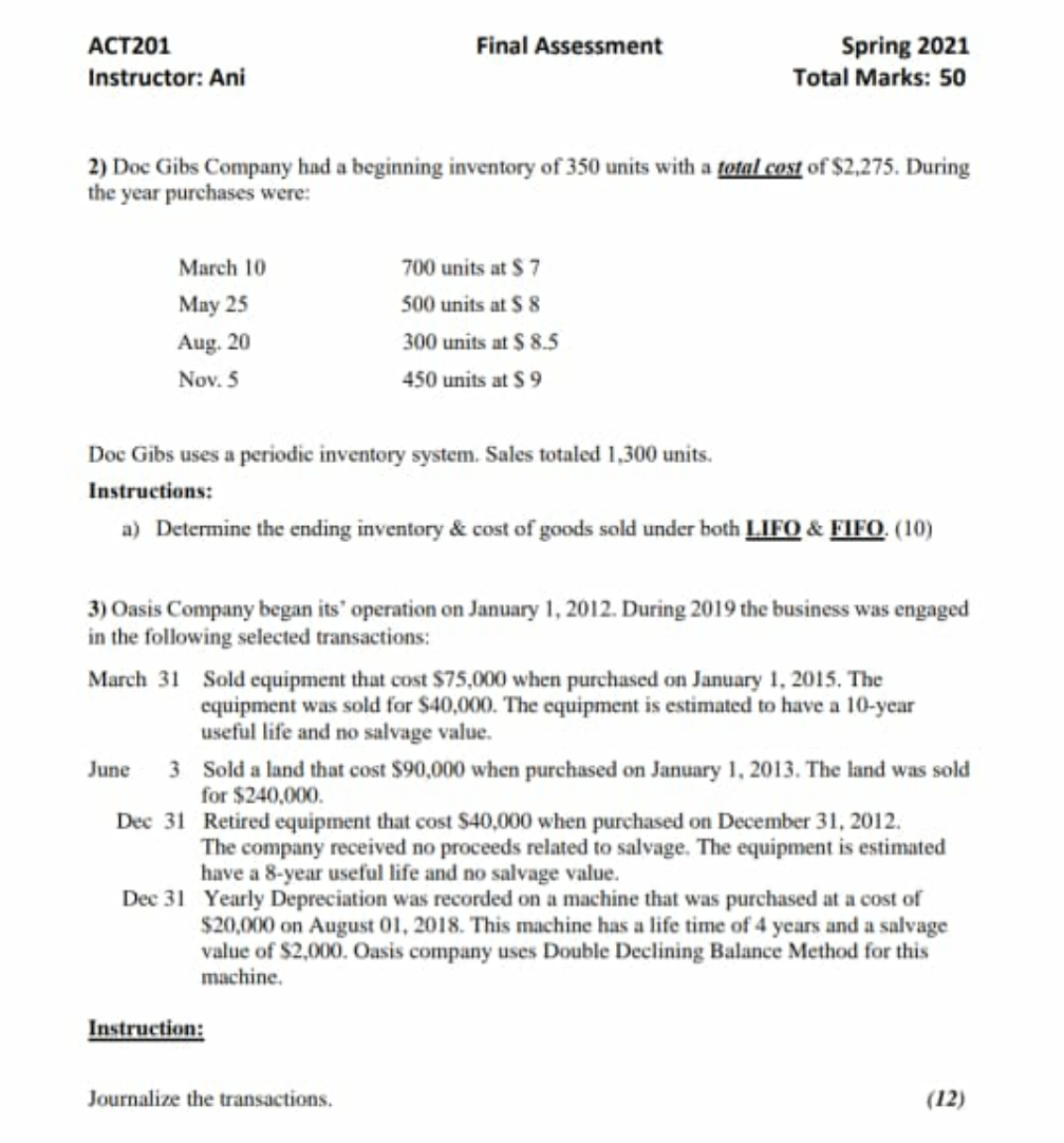 Tell me if any information missed ACT201 Final