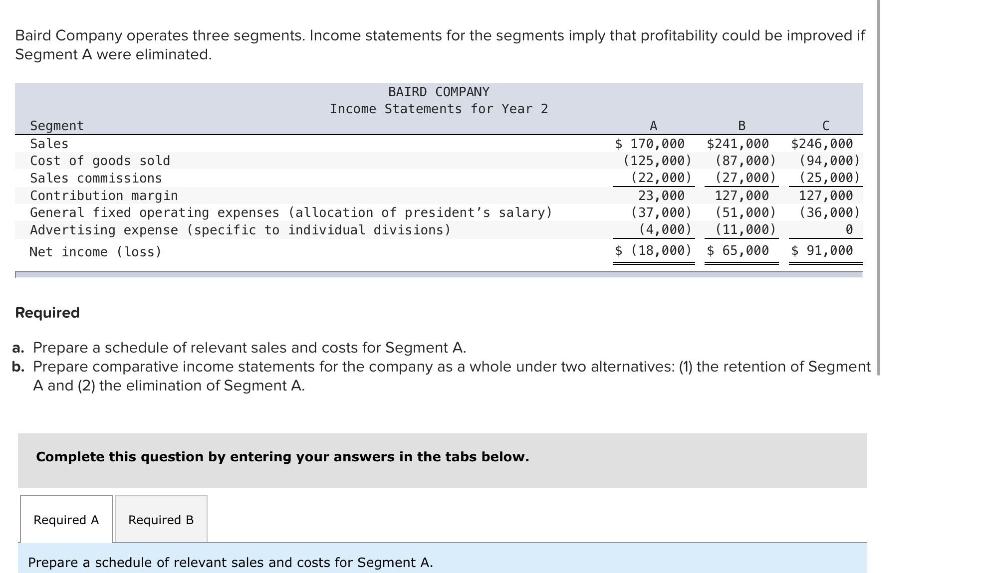 Baird Company operates three segments. Income