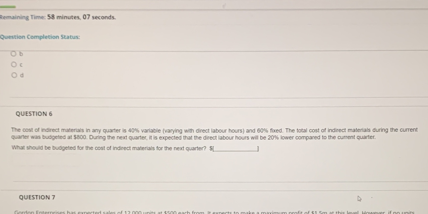 Remaining Time: 58 minutes, 07 seconds. Question