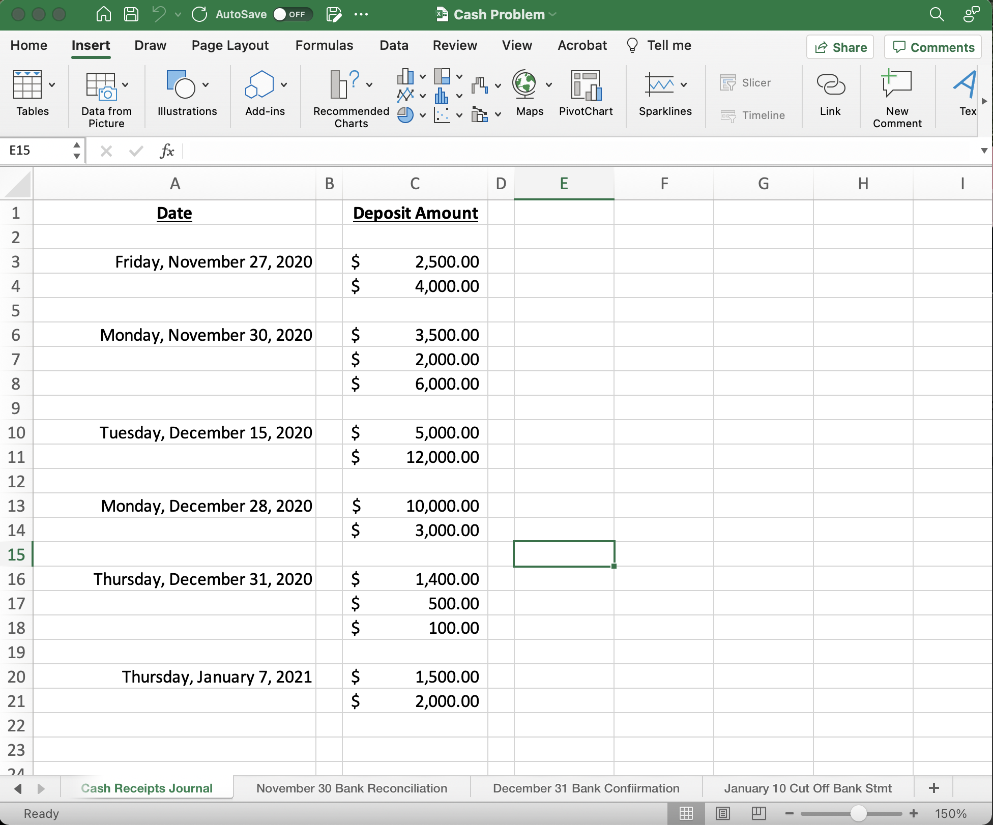 OOO AutoSave OFF P ... Cash Problem Home Insert