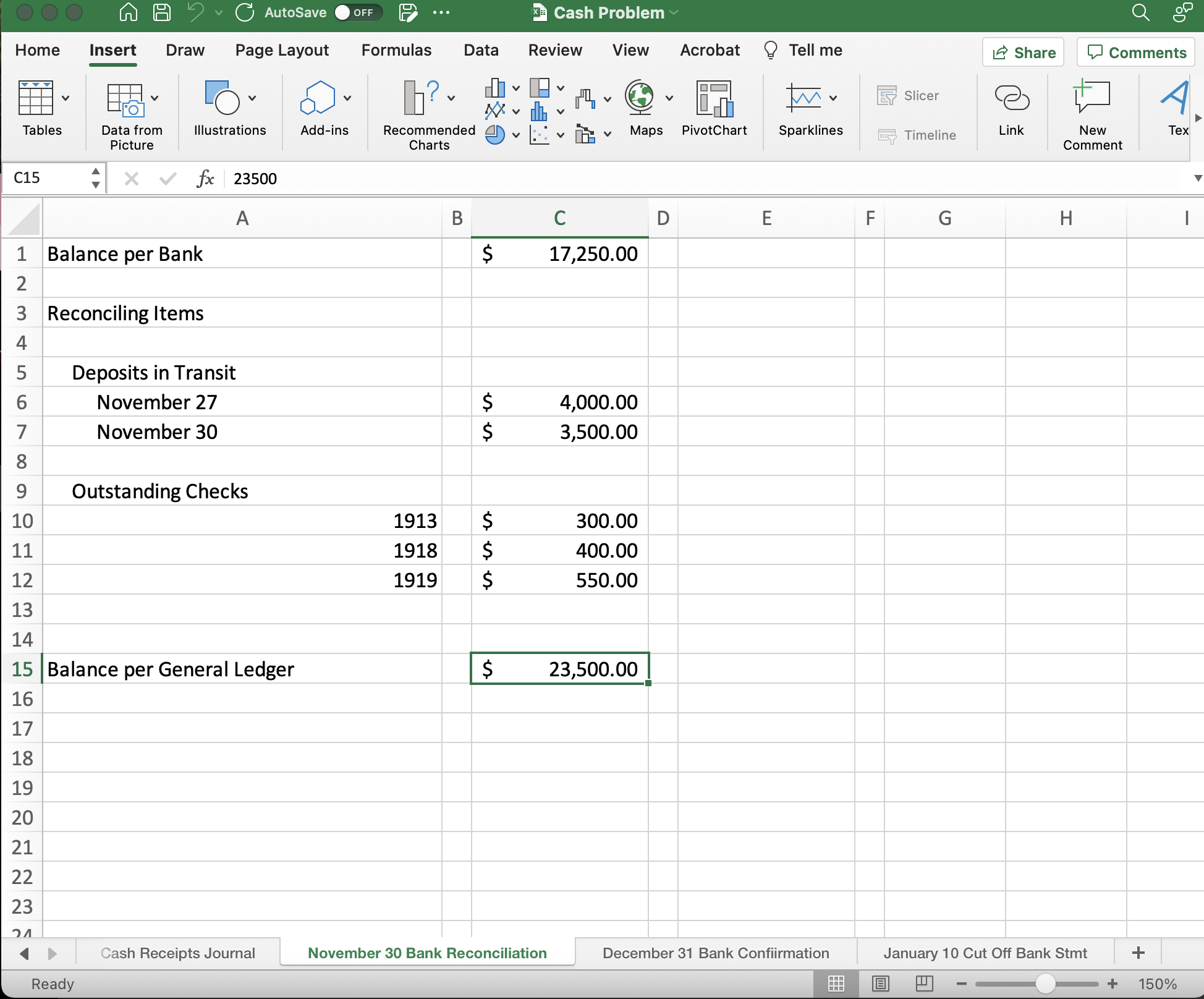 OOO AutoSave OFF P ... Cash Problem Home Insert