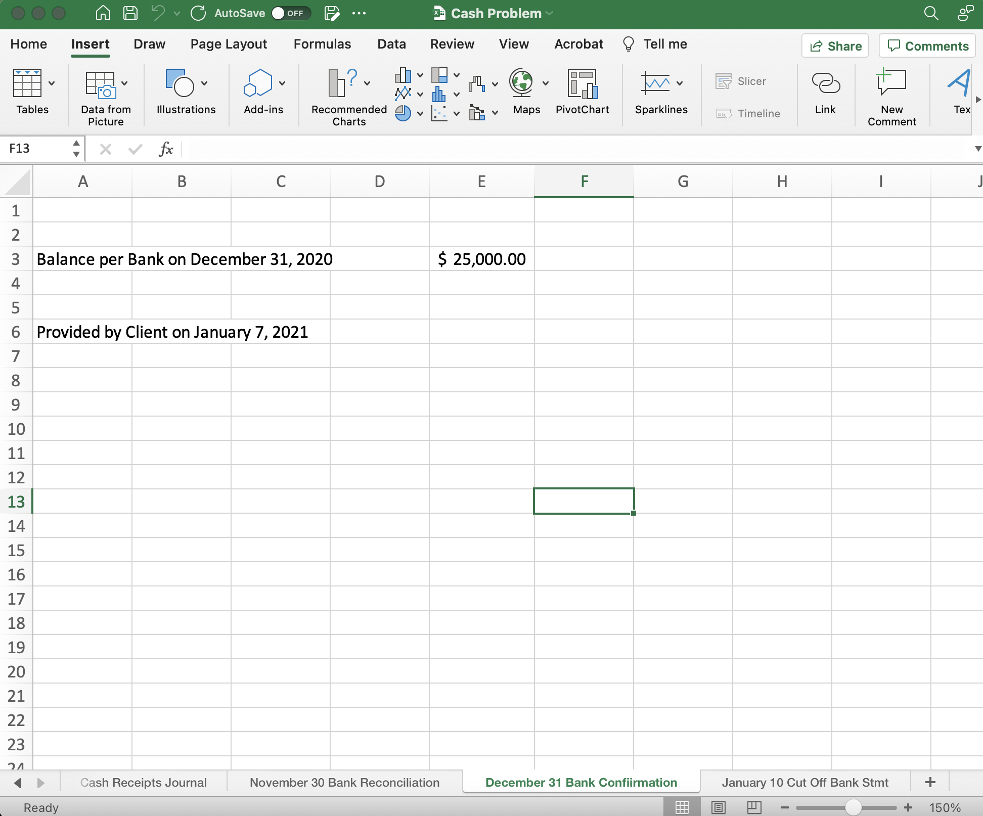 OOO AutoSave OFF P ... Cash Problem Home Insert