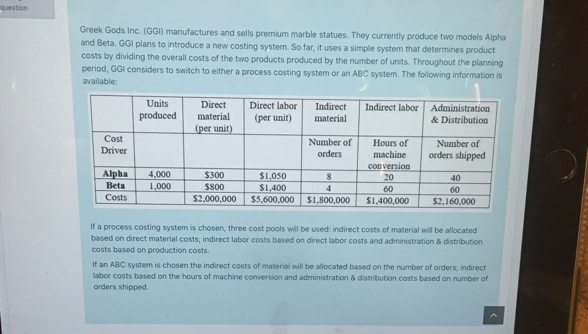 Calculate the costs for both products (A and B).