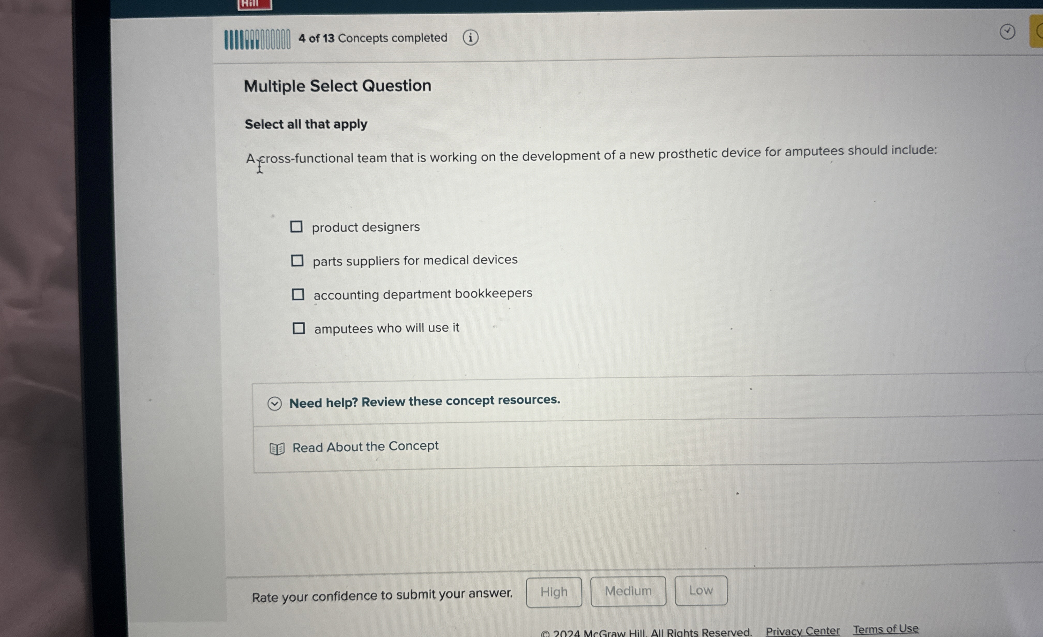 4 of 1 3 Concepts completed Multiple Select