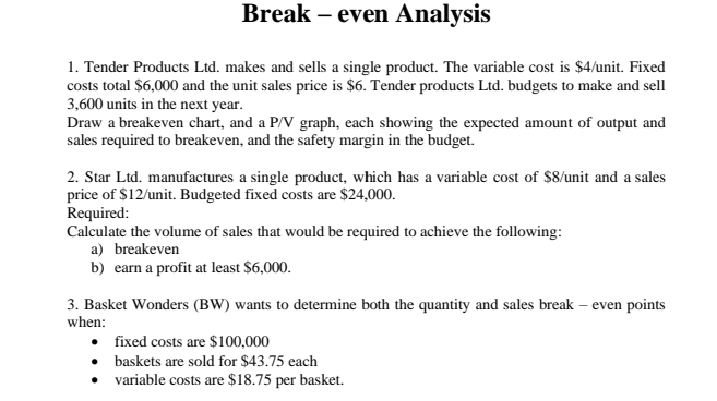 Break - even Analysis Tender Products Ltd . makes