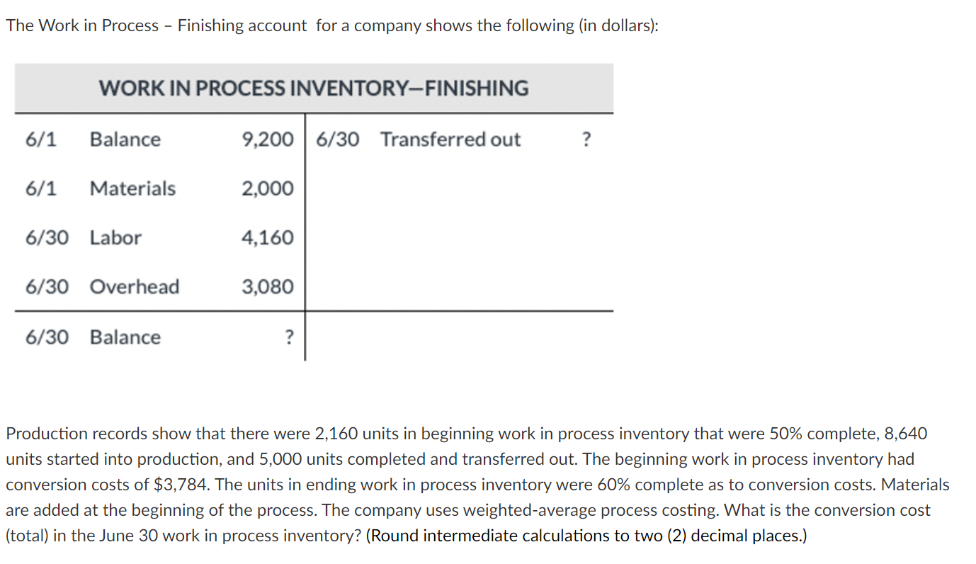 Each image is a separate question The Work in Process - Finishing