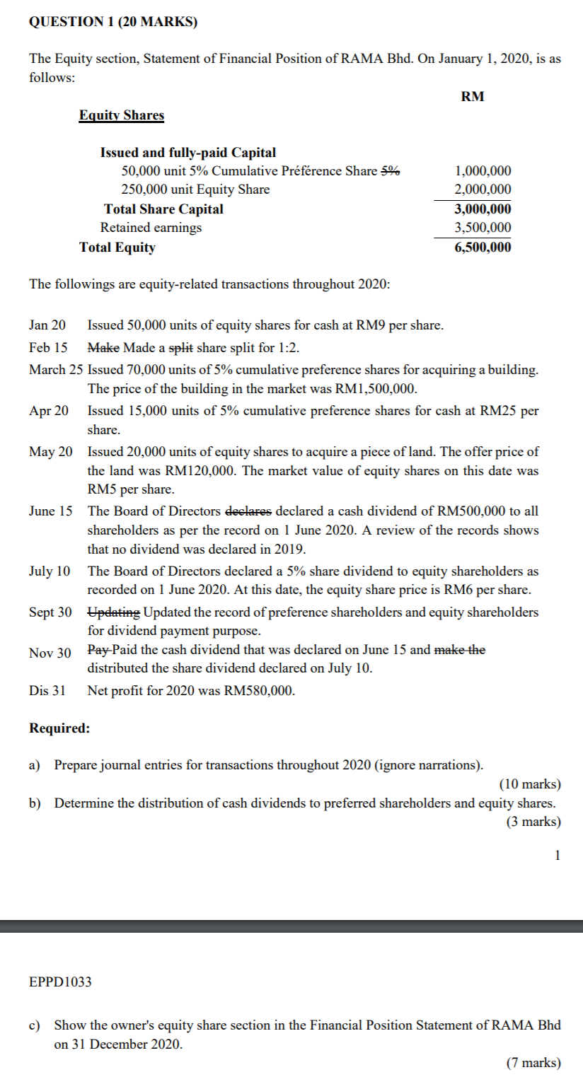 QUESTION 1 (20 MARKS) The Equity section,
