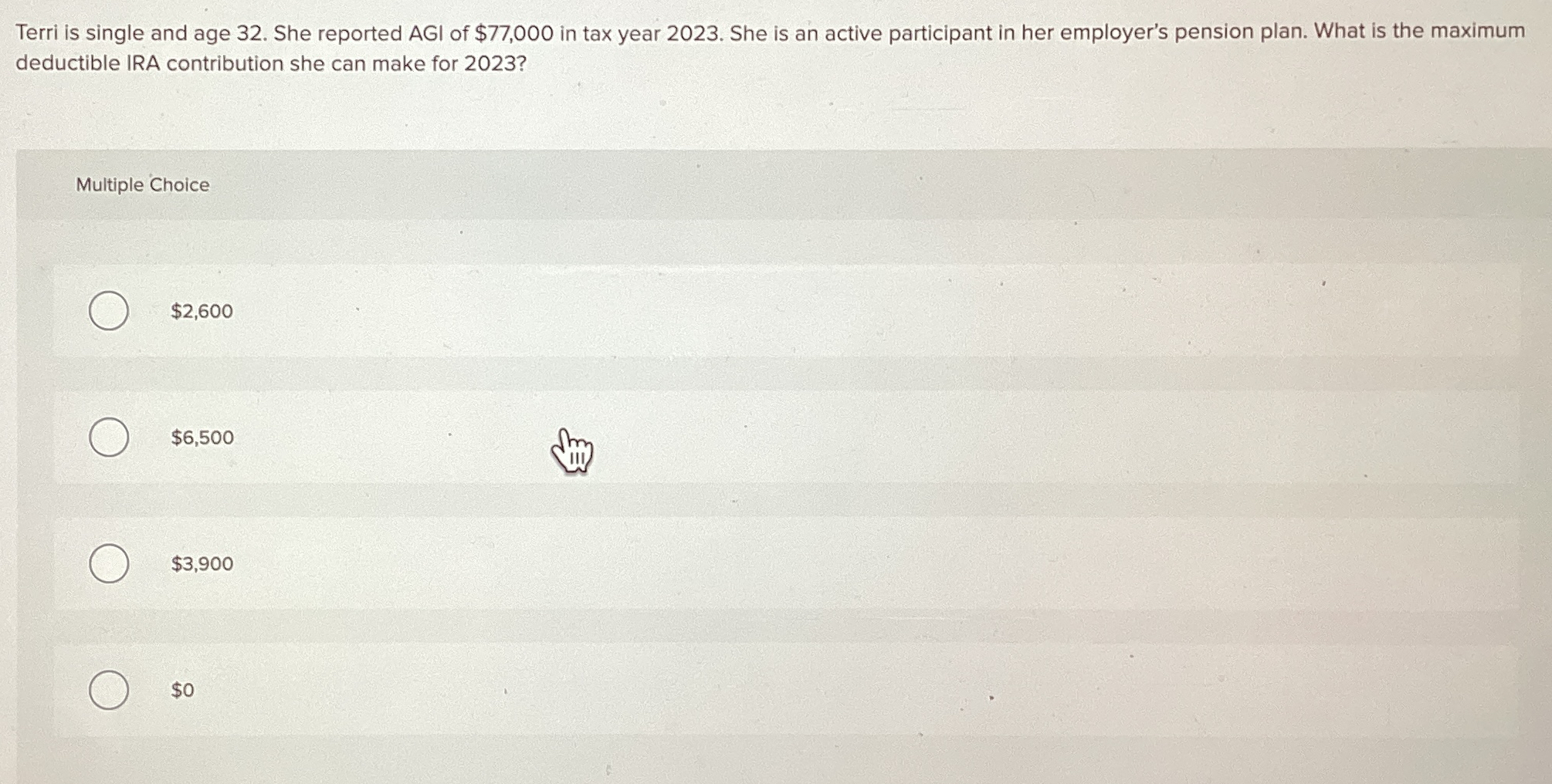 Terri is single and age 3 2 . She reported AGI of