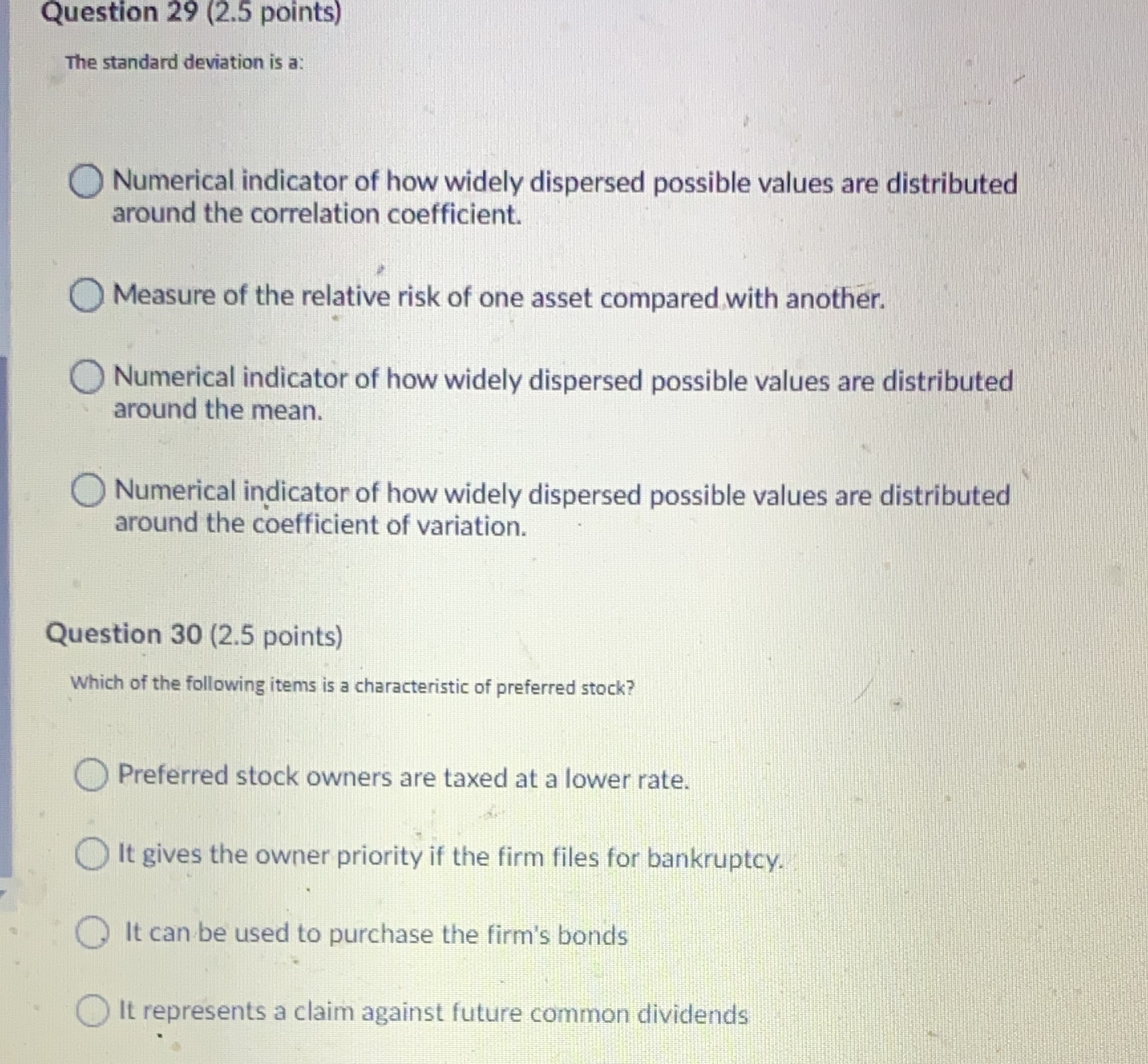 Question 29 (2.5 points) The standard deviation