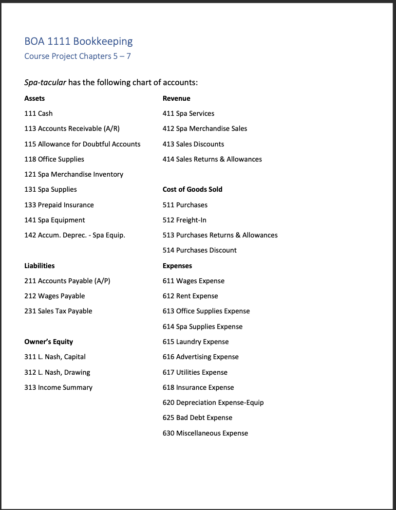 BOA 1111 Bookkeeping Course Project Chapters 5 -