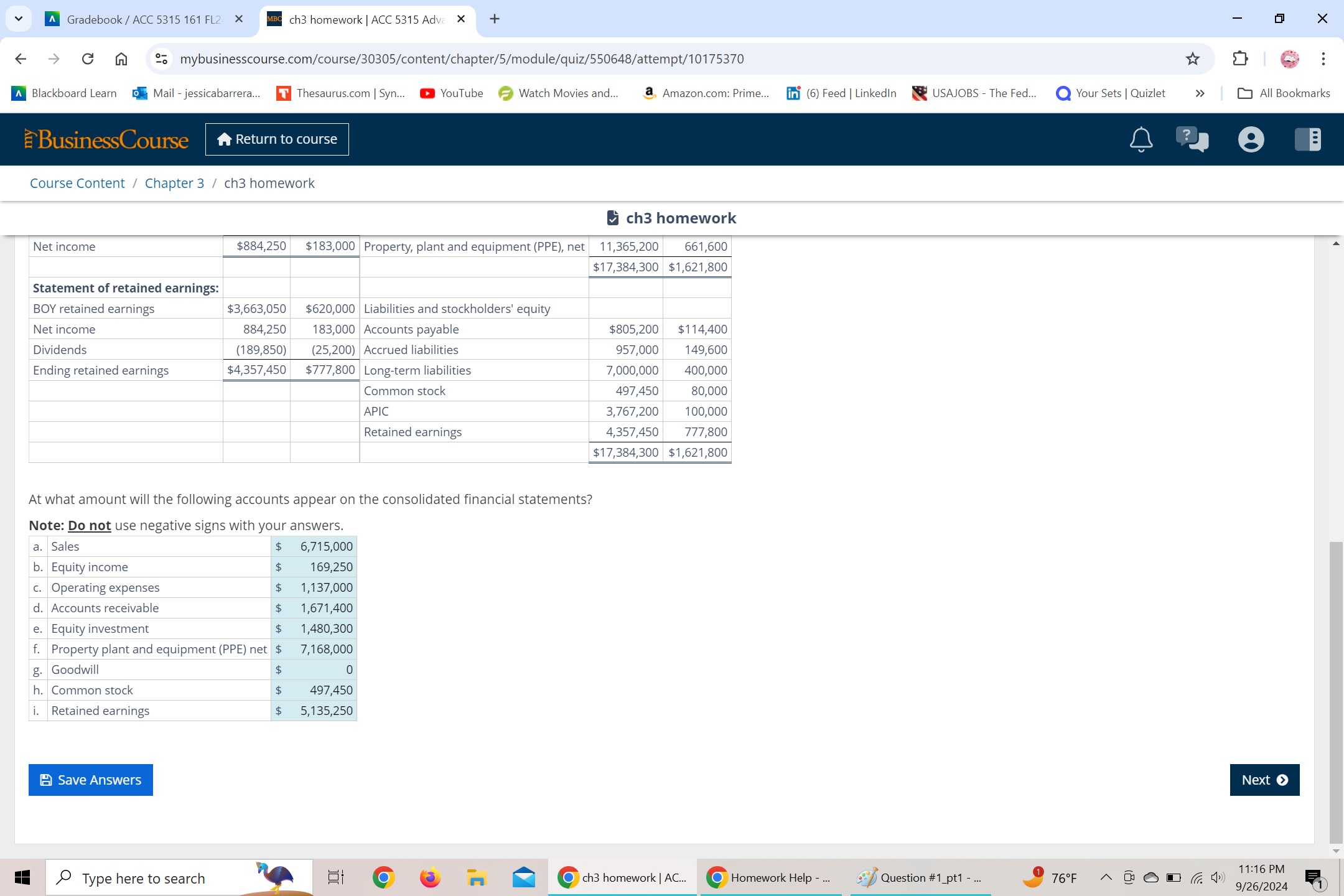 v Gradebook / ACC 5315 161FL2 % [l ch3 homework