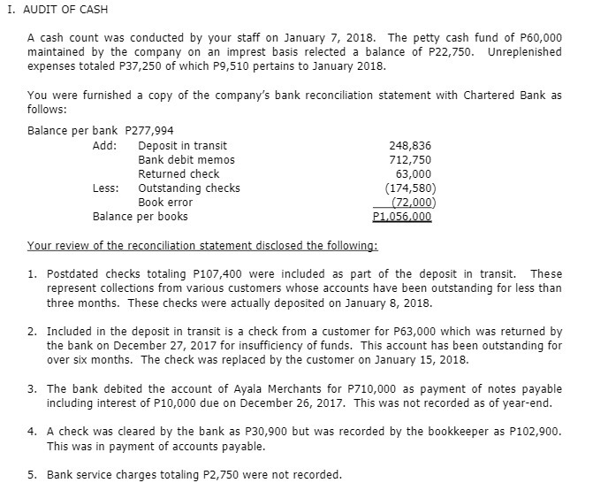 I. AUDIT 0F CASH A cash count was conducted by