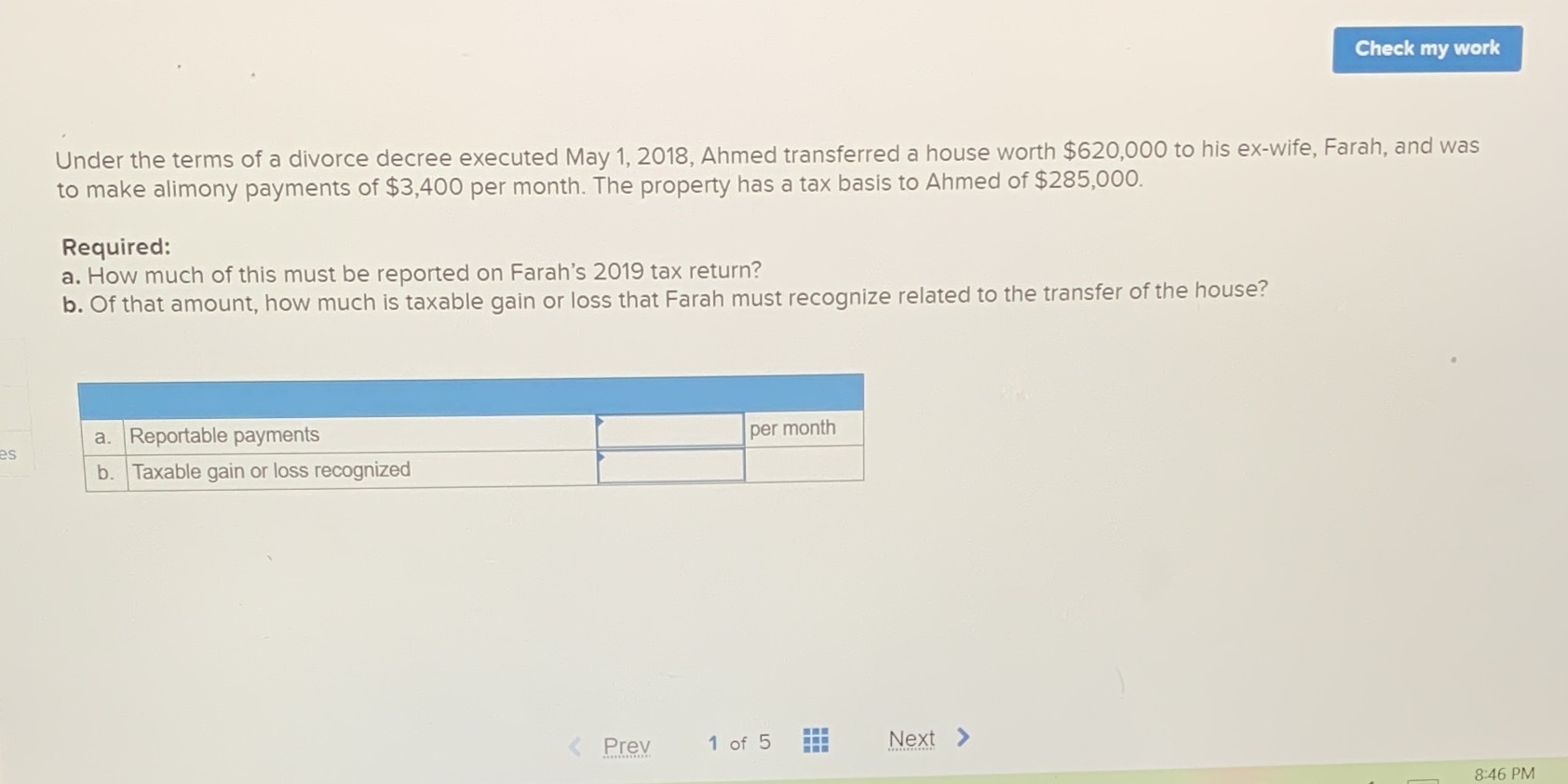 Check my work Under the terms of a divorce decree