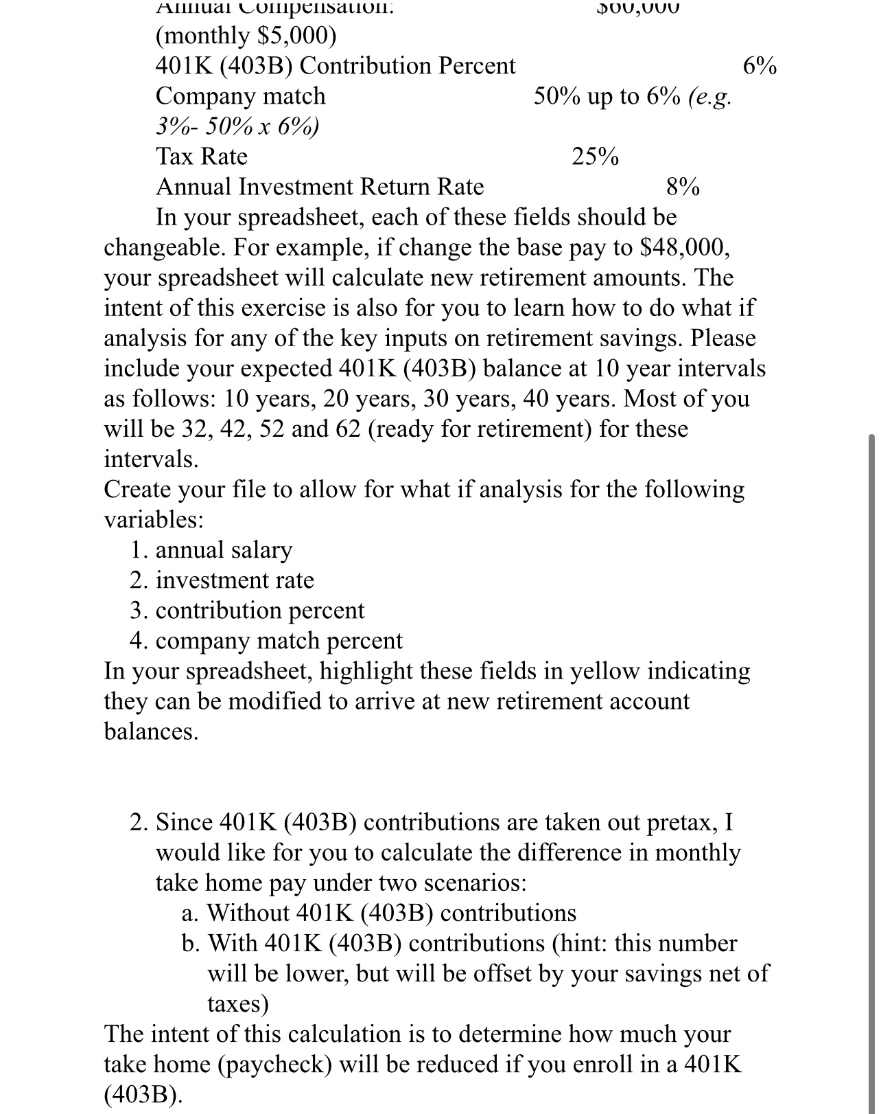 Label Each Question: 401K(403B) Spreadsheet
