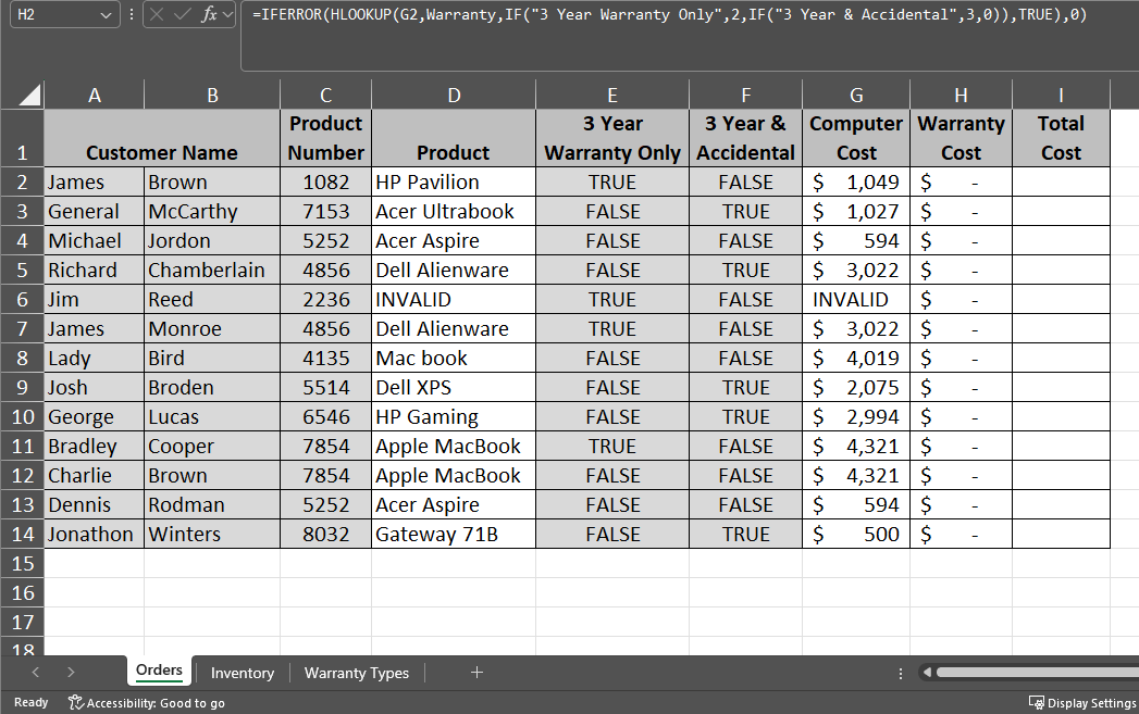 Write a set of Excel functions in cell Orders!H2,