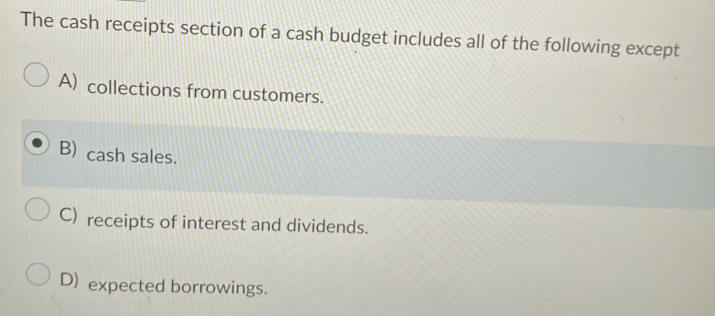 The cash receipts section of a cash budget