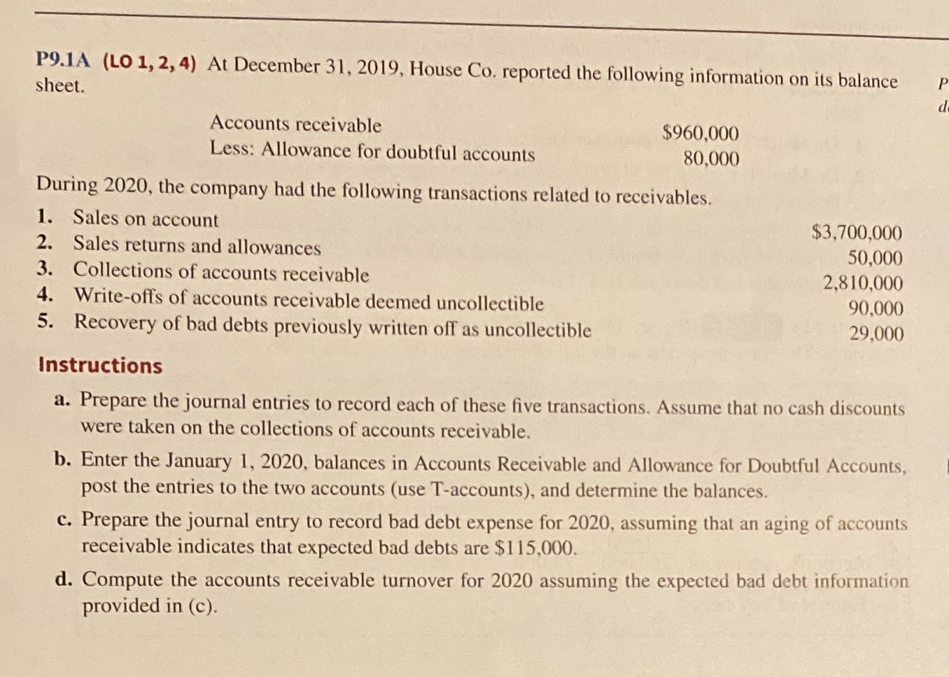 P9.1A (LO 1, 2, 4) At December 31, 2019, House