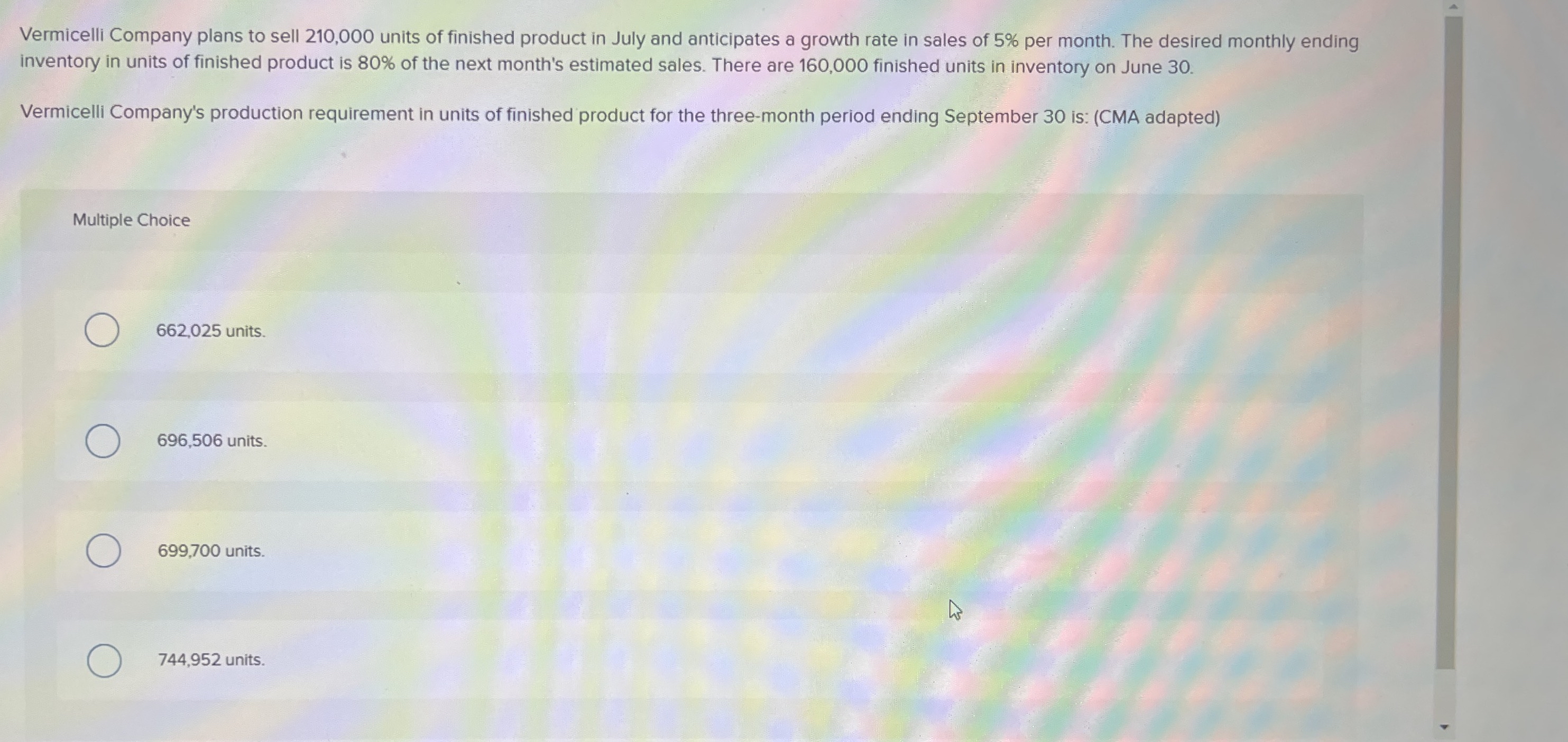 Vermicelli Company plans to sell 2 1 0 , 0 0 0