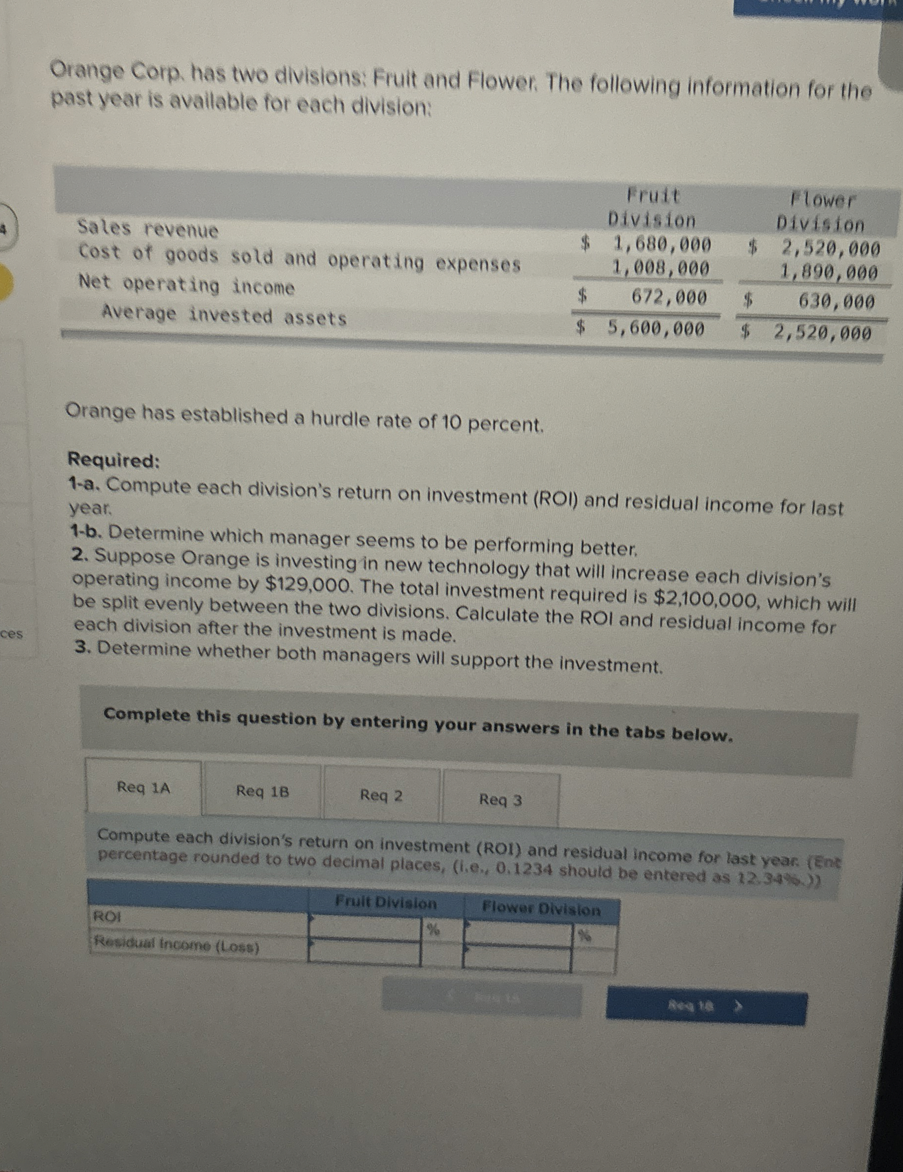 Orange Corp. has two divisions: Fruit and Flower.
