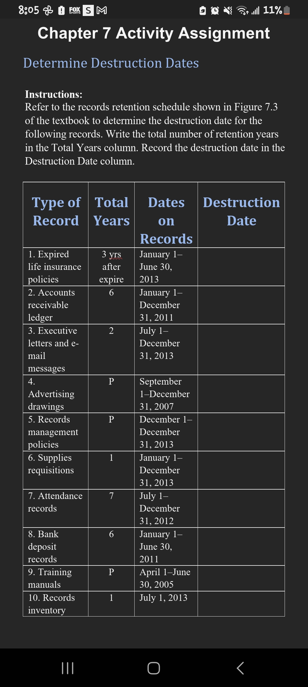 8:05 & FOX S M a Oml11% Chapter 7 Activity