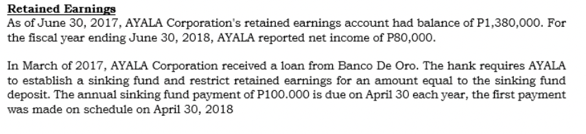 Retained Earnings As of June 30, 2017, AYALA