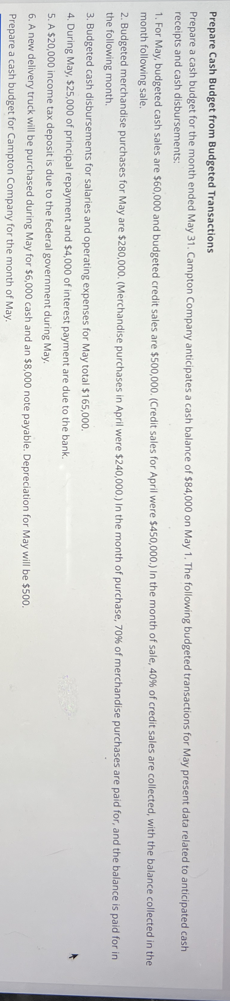 Prepare Cash Budget from Budgeted Transactions