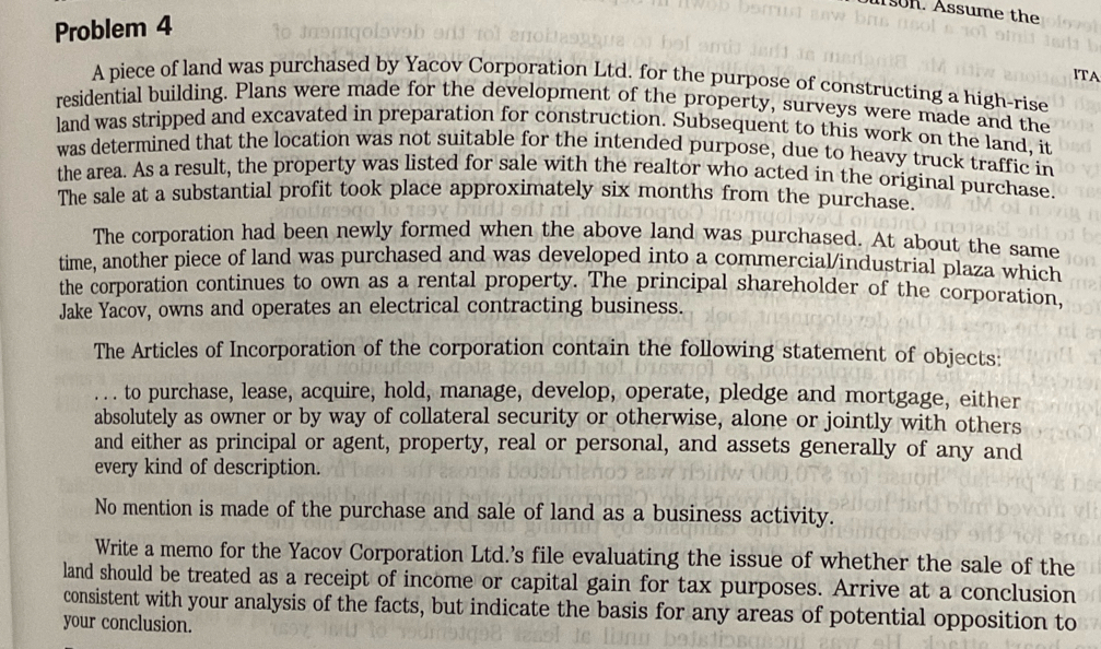 Problem 4 A piece of land was purchased by Yacov