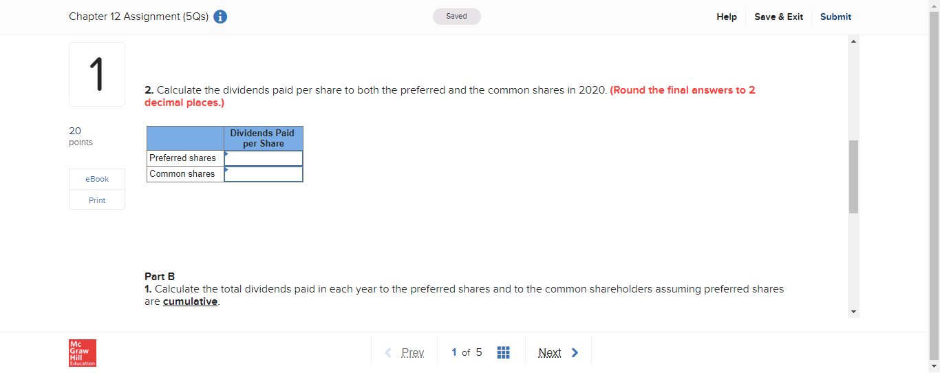 Chapter 12 Assignment (5Qs) i Saved Help Save &